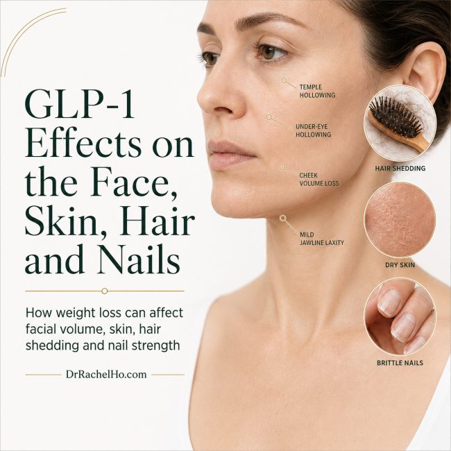 Medical infographic showing facial volume loss, dry skin, hair shedding and brittle nails that may occur during substantial weight loss with GLP-1 medications.