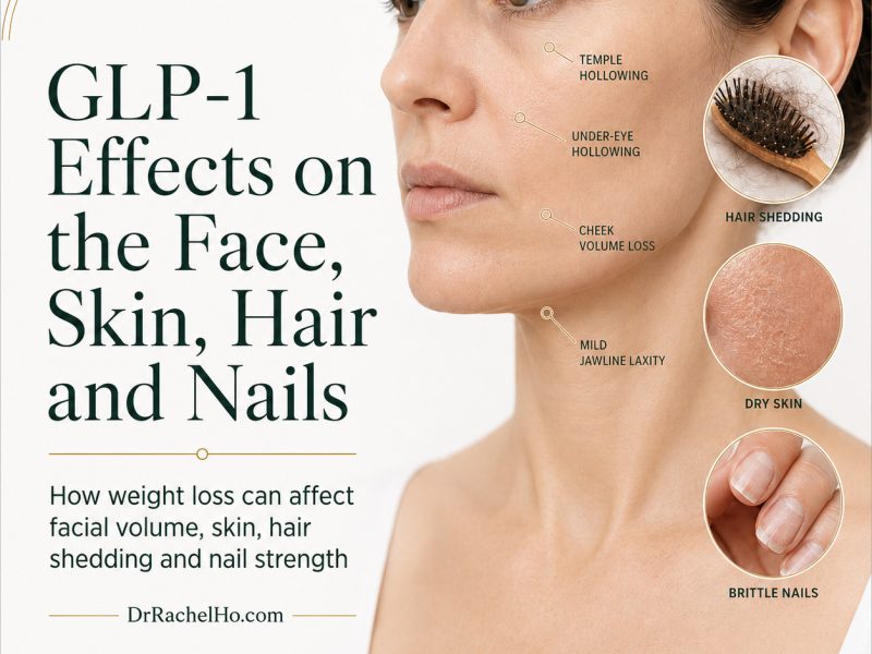 Medical infographic showing facial volume loss, dry skin, hair shedding and brittle nails that may occur during substantial weight loss with GLP-1 medications.