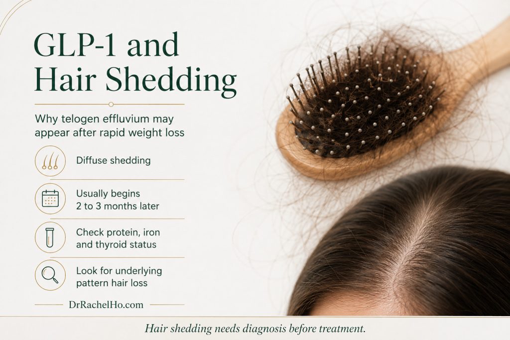 Hairbrush with diffuse shedding and a scalp image explaining telogen effluvium after rapid weight loss during GLP-1 treatment.