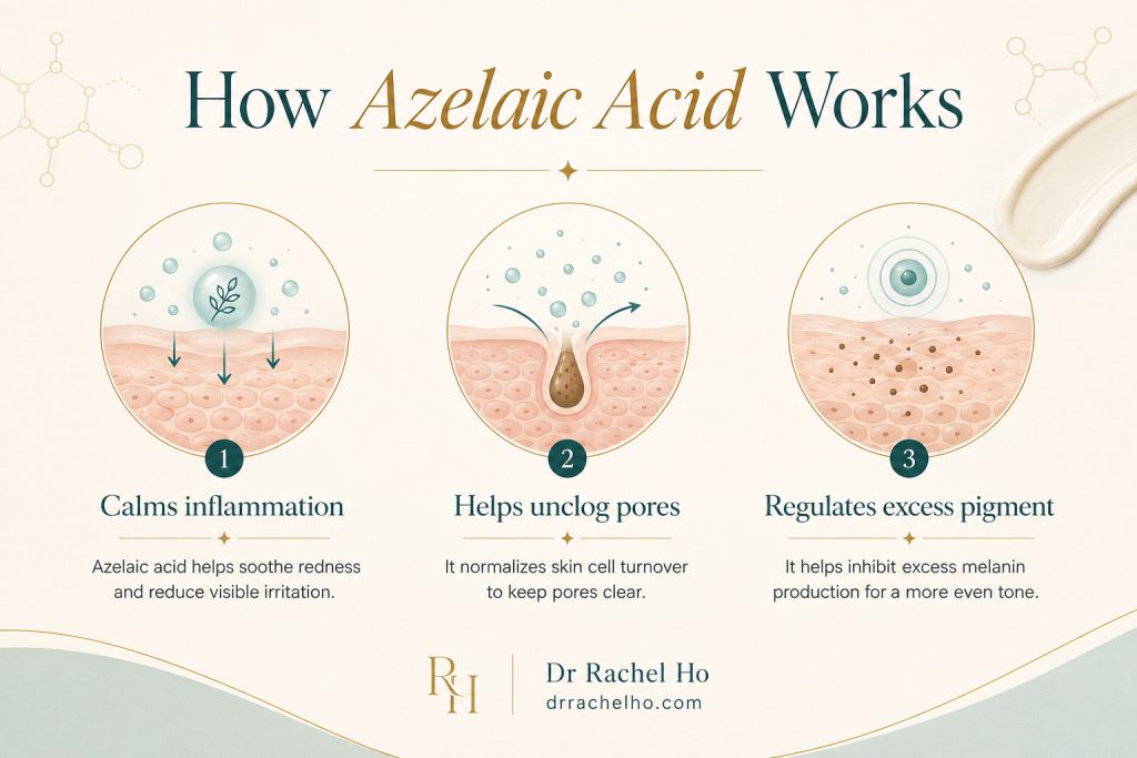 Medical infographic explaining how azelaic acid reduces inflammation, helps prevent blocked pores and regulates excess pigment production.
