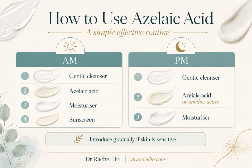 Morning and evening skincare routine showing how to layer cleanser, azelaic acid, moisturiser and sunscreen.