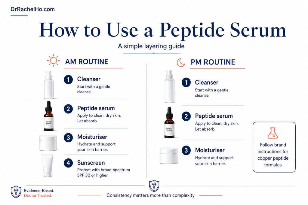 Morning and evening peptide serum routine showing cleanser, peptide serum, moisturiser and daytime sunscreen.