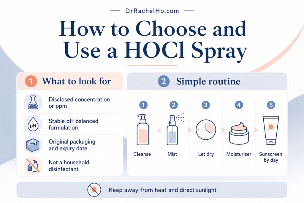 Guide to choosing and using an HOCl spray, including concentration, pH, packaging, application and storage.