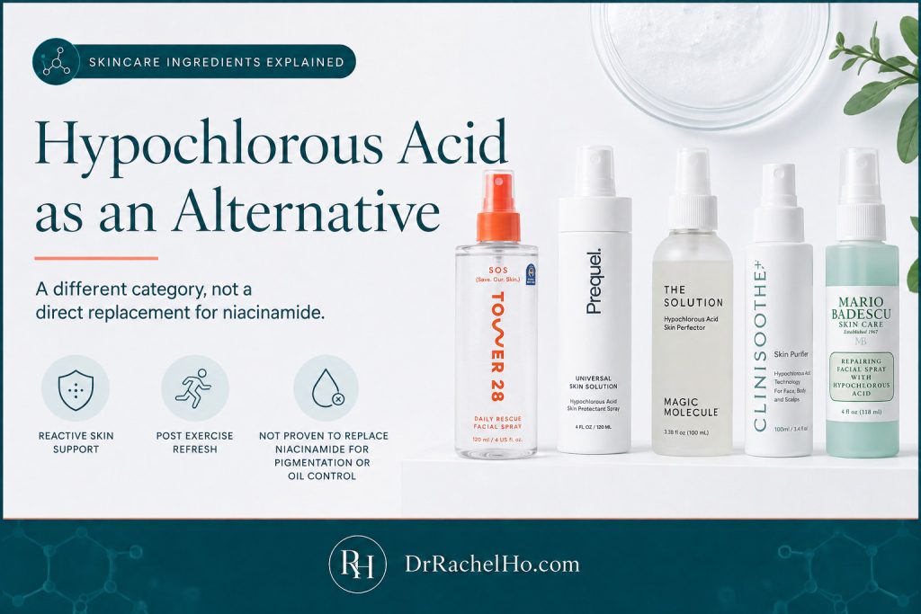Tower 28, Prequel, Magic Molecule, Clinisoothe+ and Mario Badescu hypochlorous acid skincare sprays.