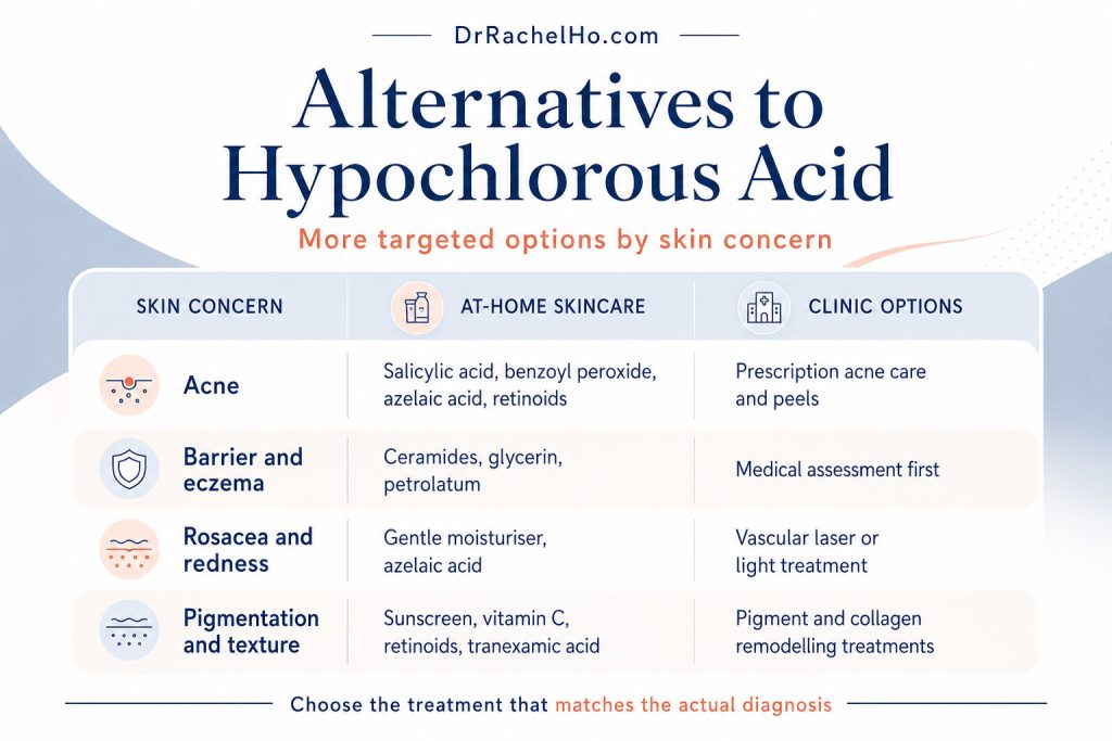 Alternatives to hypochlorous acid for acne, eczema, rosacea, pigmentation and uneven skin texture.