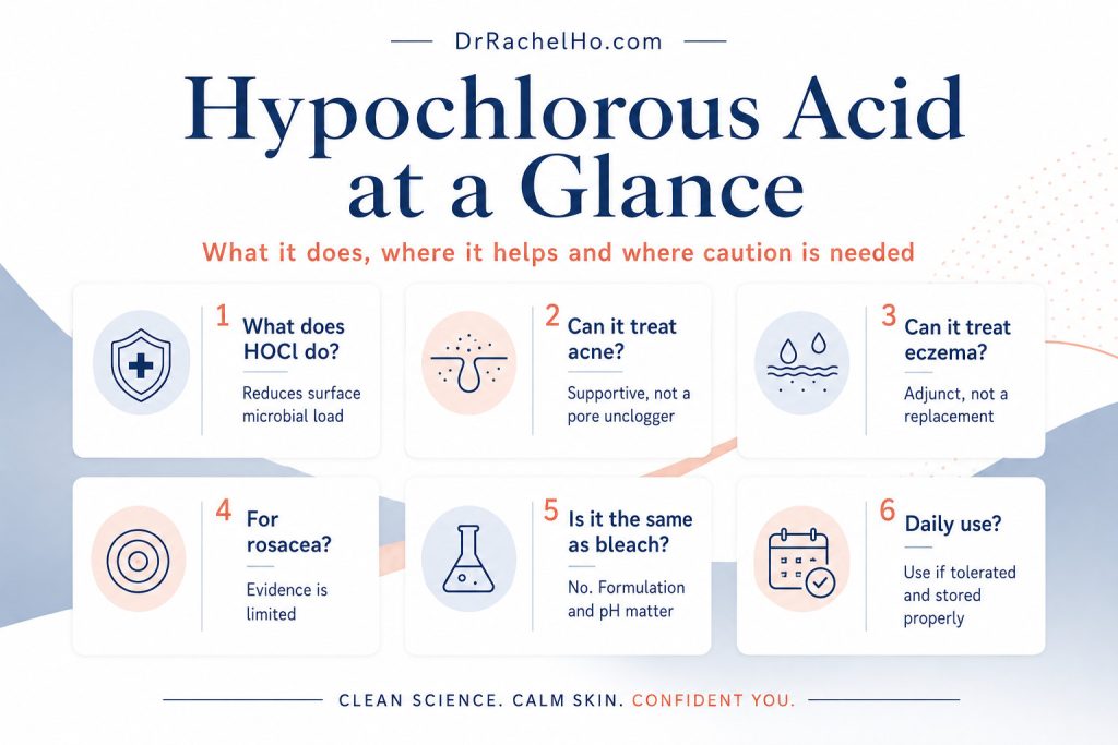 Infographic explaining hypochlorous acid benefits, daily use and its limitations for acne, eczema and rosacea.