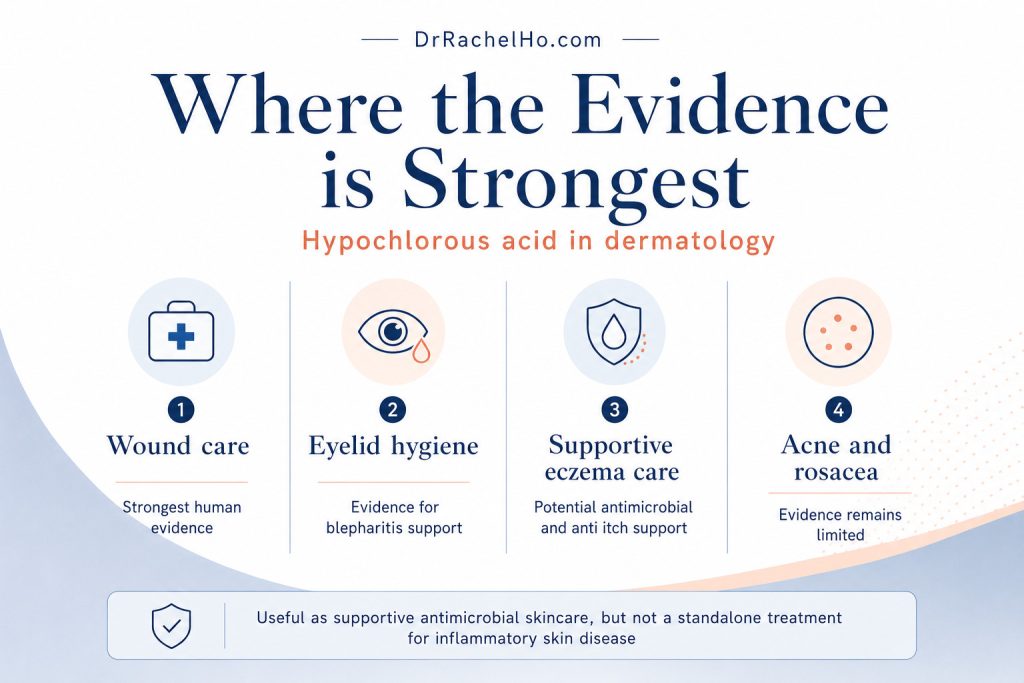 Evidence hierarchy for hypochlorous acid in wound care, eyelid hygiene, eczema support, acne and rosacea.