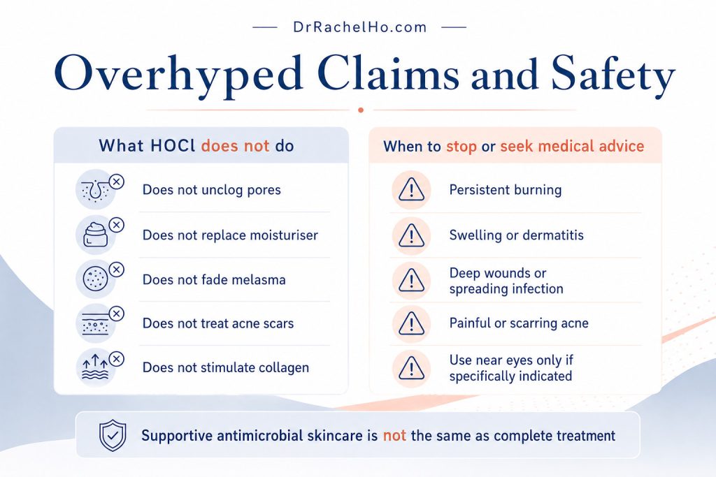 Safety infographic showing what hypochlorous acid cannot treat and when to stop use or seek medical advice.