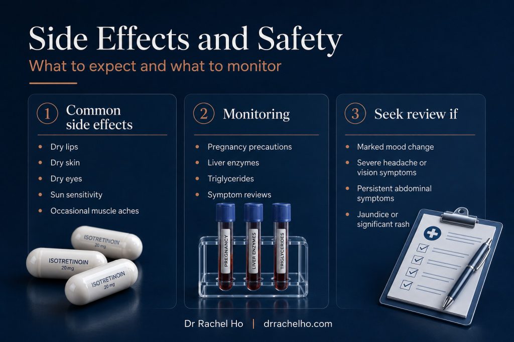 Isotretinoin safety guide showing dry lips, dry skin, blood monitoring, pregnancy precautions and warning symptoms.