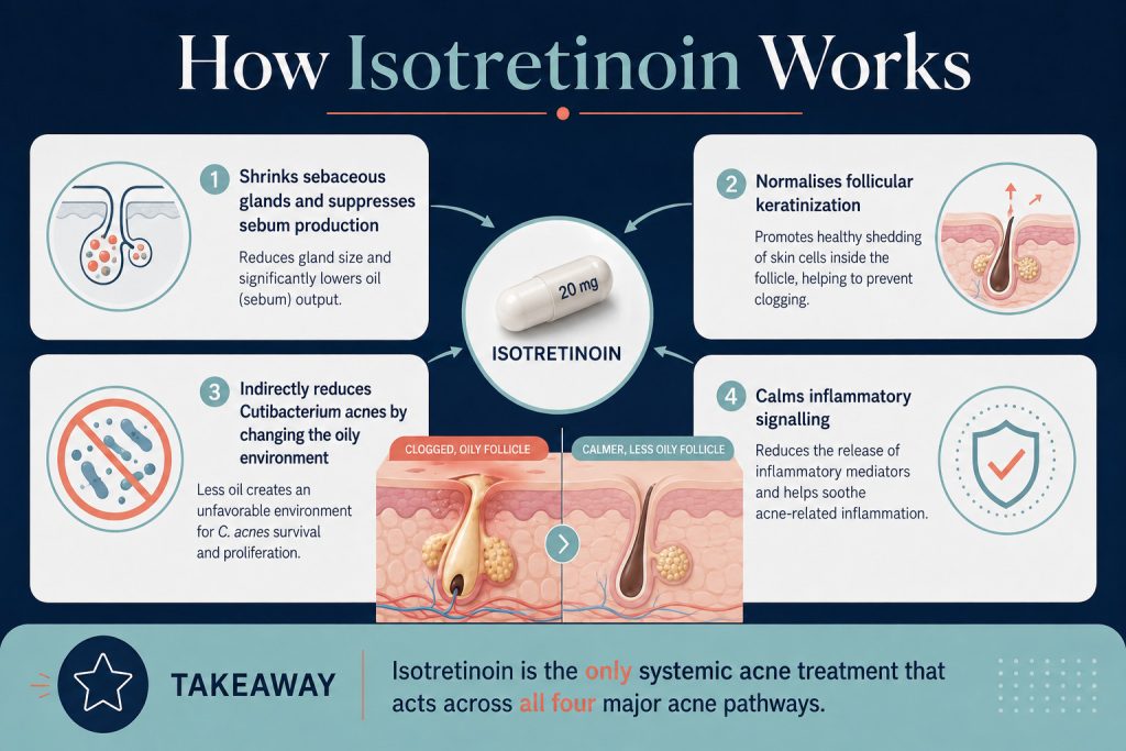 Diagram showing isotretinoin reducing sebum, normalising follicular shedding, lowering C. acnes and calming inflammation.