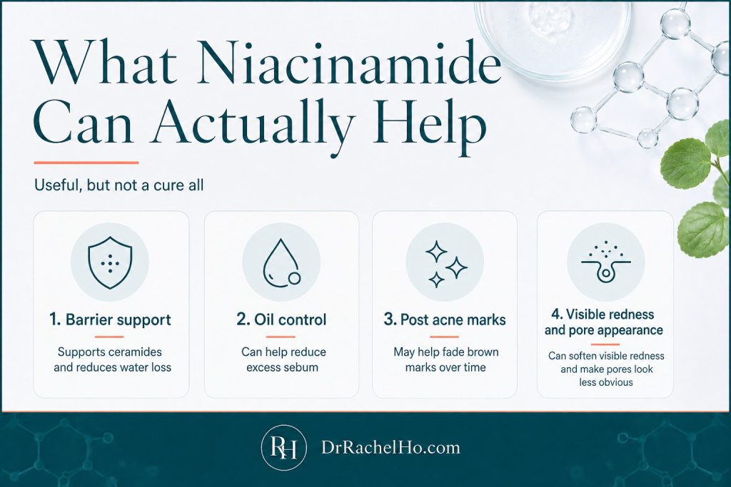Infographic explaining niacinamide benefits for barrier support, oil control, post-acne marks, redness and visible pores.