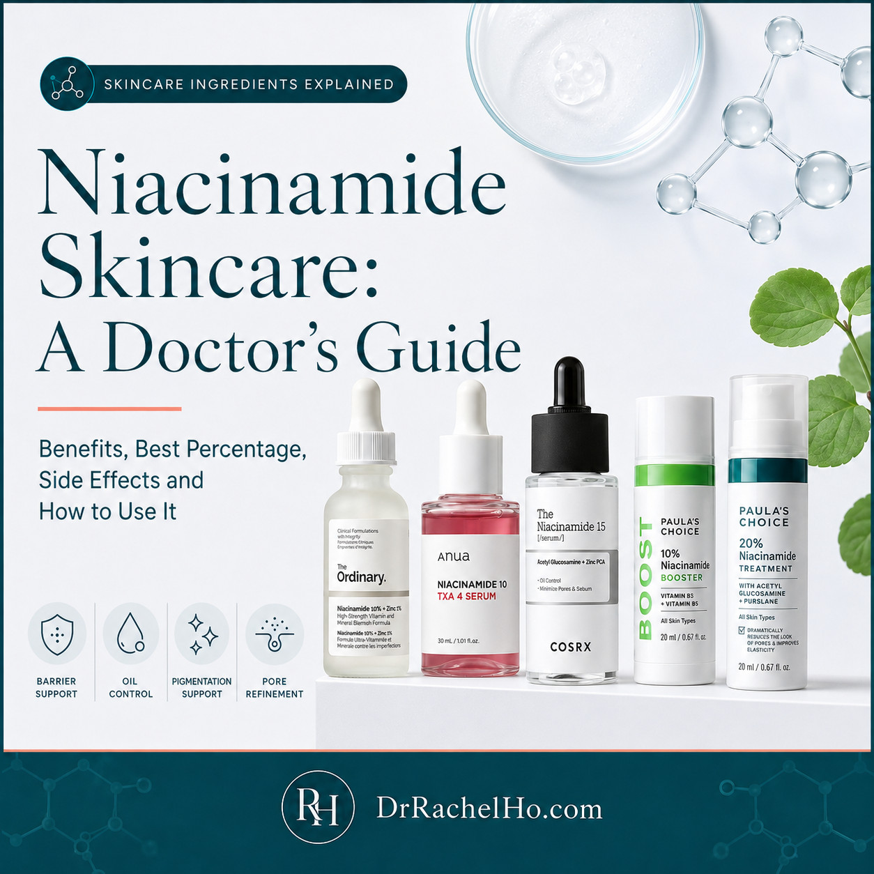 Niacinamide skincare guide with The Ordinary, Anua, COSRX and Paula’s Choice serums for common skin concerns.