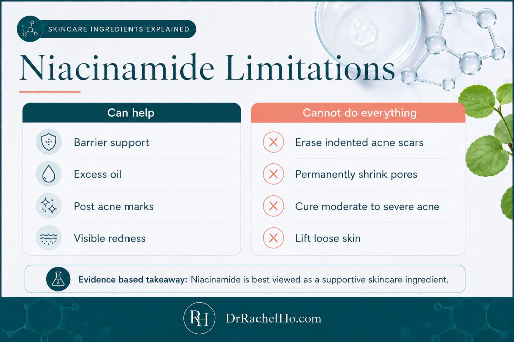 Niacinamide limitations showing what it may help and what it cannot treat, including acne scars and loose skin.