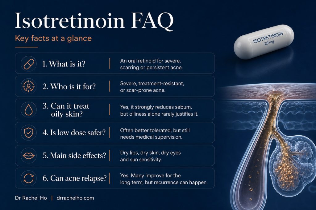 Isotretinoin FAQ covering severe acne, oily skin, low-dose treatment, common side effects and acne relapse.