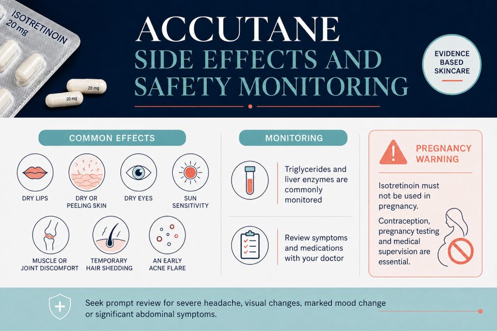 Isotretinoin safety guide covering dryness, sun sensitivity, blood monitoring, acne flare and pregnancy precautions.