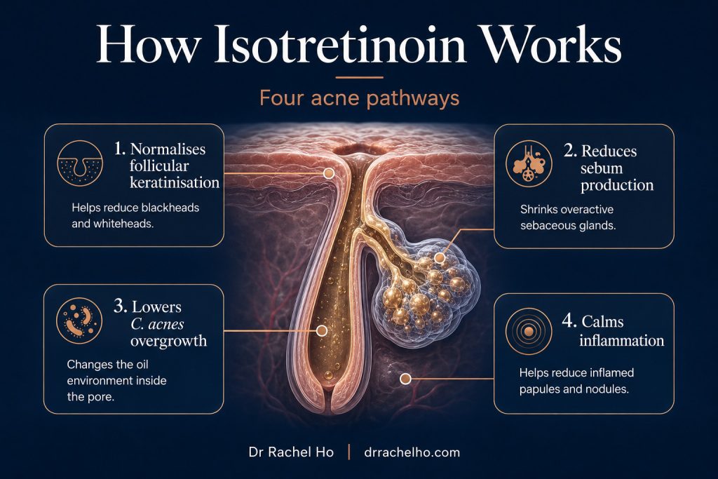 Medical illustration of isotretinoin acting on follicular blockage, sebaceous glands, C. acnes and inflammation.