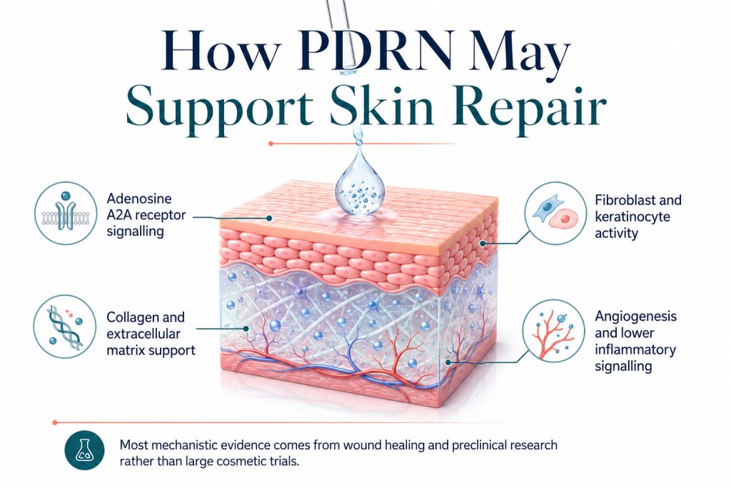 Evidence based PDRN skincare guide summarising what research currently suggests about topical PDRN, skin repair, wrinkle improvement and product limitations.
