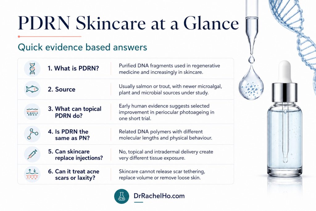 Evidence based PDRN skincare guide summarising what research currently suggests about topical PDRN, skin repair, wrinkle improvement and product limitations.