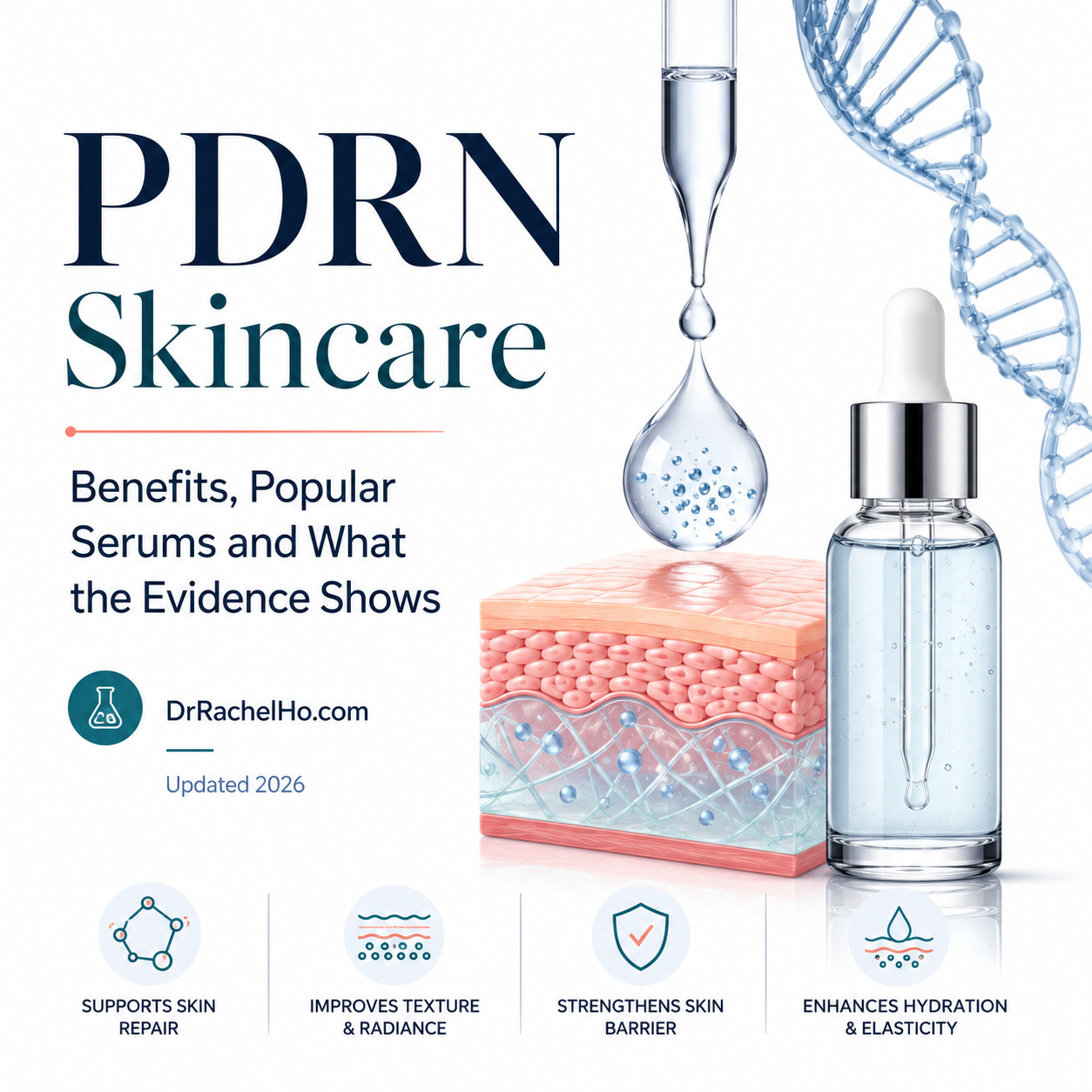 PDRN skincare science infographic by Dr Rachel Ho explaining what PDRN is, how it is used in skincare, and why it is discussed for skin repair and rejuvenation in Singapore.