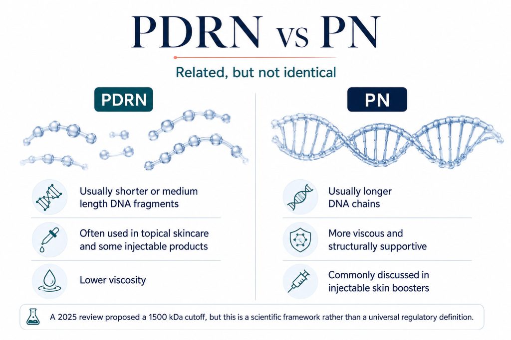 Comparison graphic explaining the difference between PDRN and PN in skincare, including molecular weight and how these terms are used in aesthetic skin products.