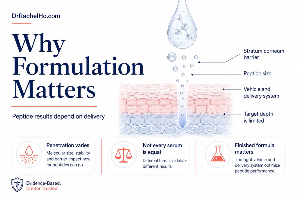 Medical skin diagram showing how peptide size, the stratum corneum, vehicle and delivery system affect topical penetration.