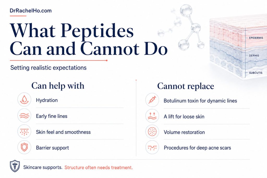 Infographic showing that peptide skincare can support hydration and early fine lines but cannot replace structural aesthetic treatments.