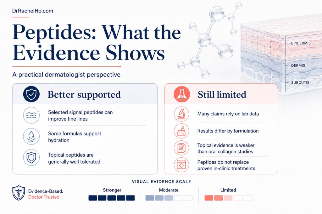 Evidence guide comparing better-supported peptide skincare benefits with the limitations of current topical peptide research.