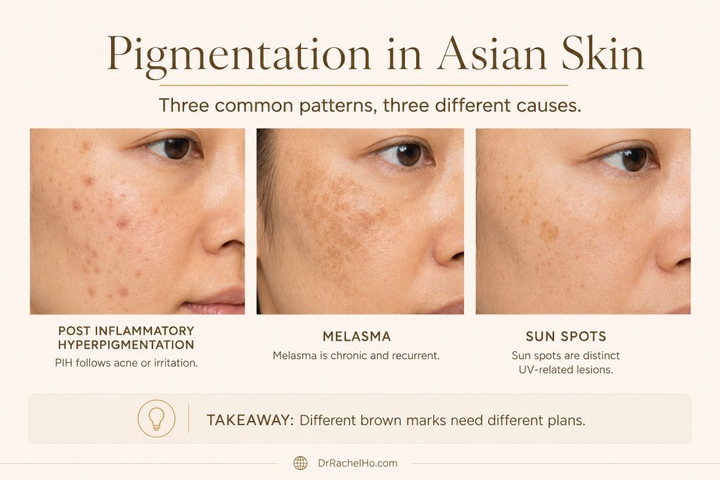 Hyperrealistic comparison of post-inflammatory hyperpigmentation, melasma and sun spots on Asian skin.