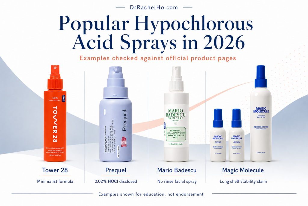 Popular hypochlorous acid sprays from Tower 28, Prequel, Mario Badescu and Magic Molecule.