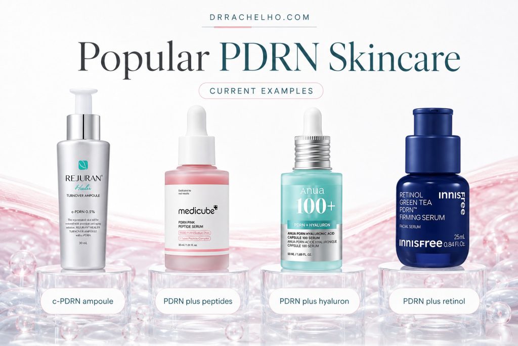 Graphic showing popular PDRN skincare products in 2026, presented as an educational overview of current market examples discussed in Singapore.
