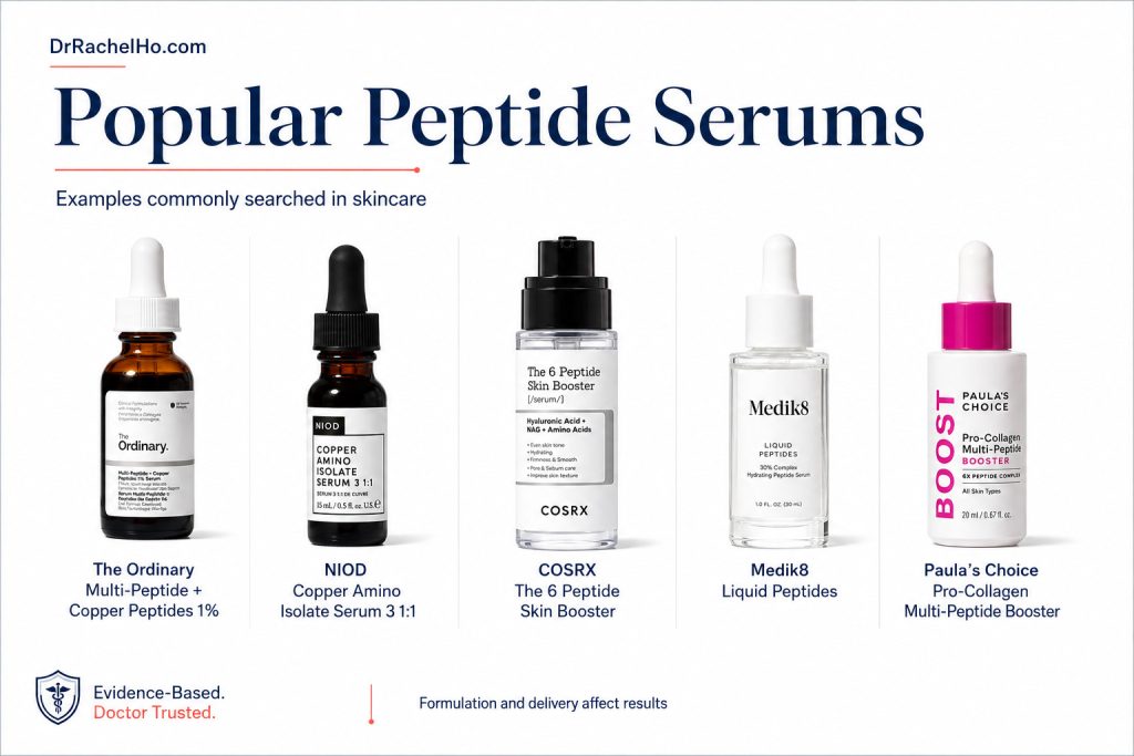 Popular peptide serums from The Ordinary, NIOD, COSRX, Medik8 and Paula’s Choice displayed for comparison.