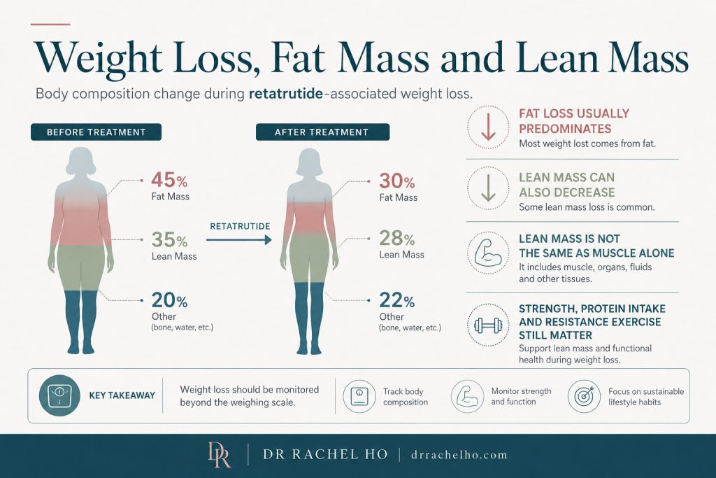 Infographic explaining fat mass and lean mass changes during retatrutide associated weight loss