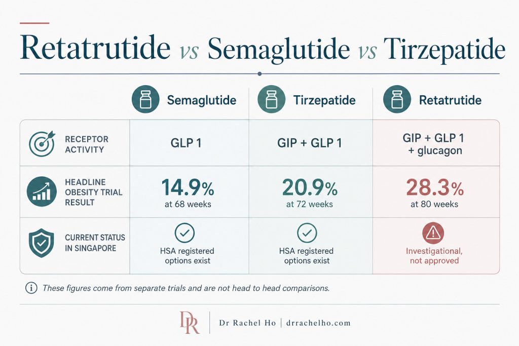 Comparison of retatrutide, semaglutide and tirzepatide receptor activity, trial results and Singapore status