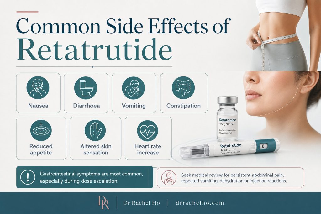 Retatrutide side effects infographic showing nausea, diarrhoea, vomiting, constipation and altered skin sensation