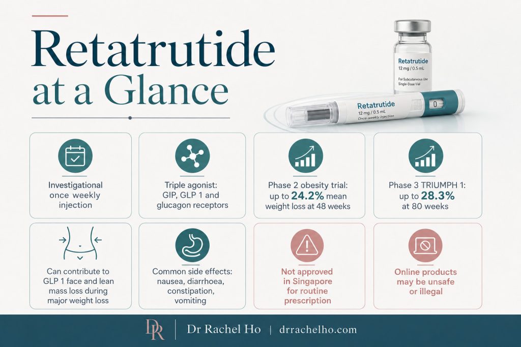 Retatrutide at a glance infographic showing mechanism, trial results, side effects and Singapore approval status