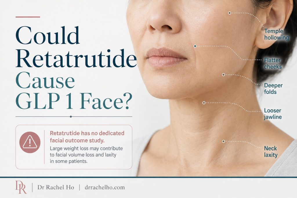 Hyperrealistic Asian face showing possible facial volume loss and laxity after substantial retatrutide associated weight loss