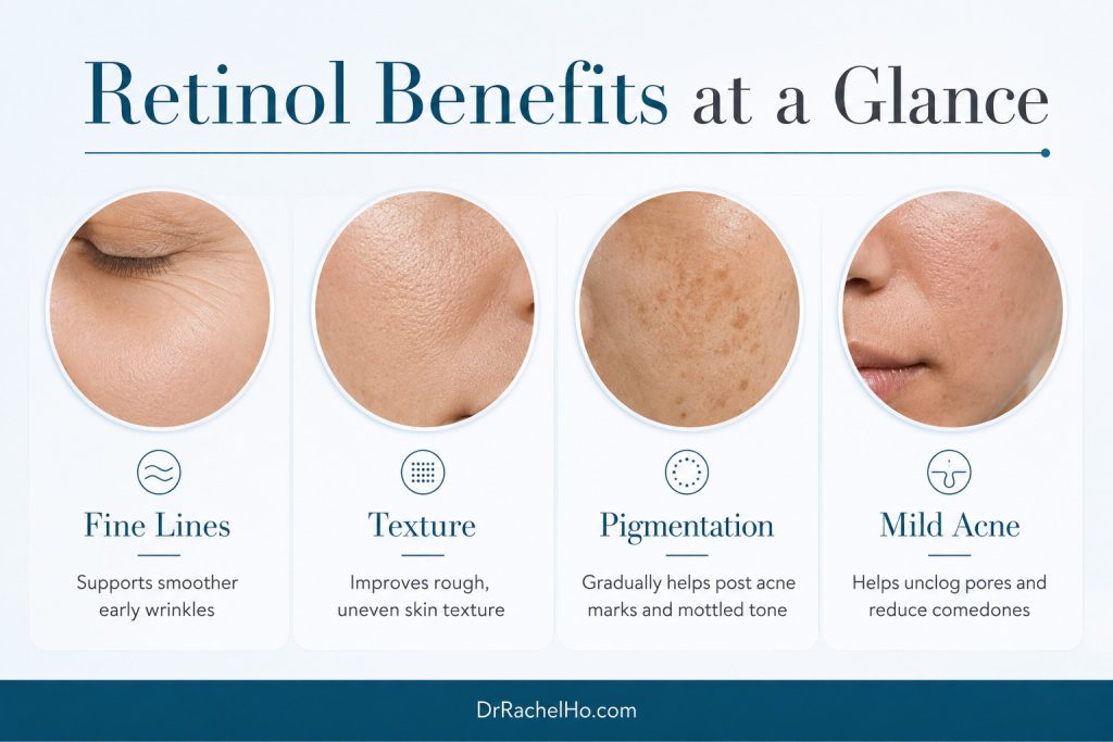 Four-panel retinol benefits infographic showing fine lines, uneven texture, pigmentation and mild acne.