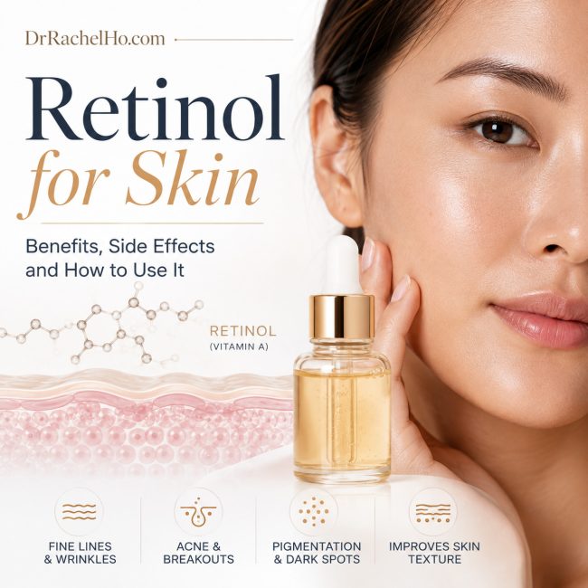 Retinol for skin guide showing a hyperrealistic close-up of Asian skin, a retinol molecule and a medical skin-layer illustration.