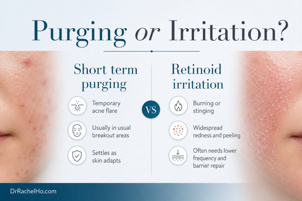 Hyperrealistic comparison of a temporary acne flare with widespread redness, peeling and retinoid irritation