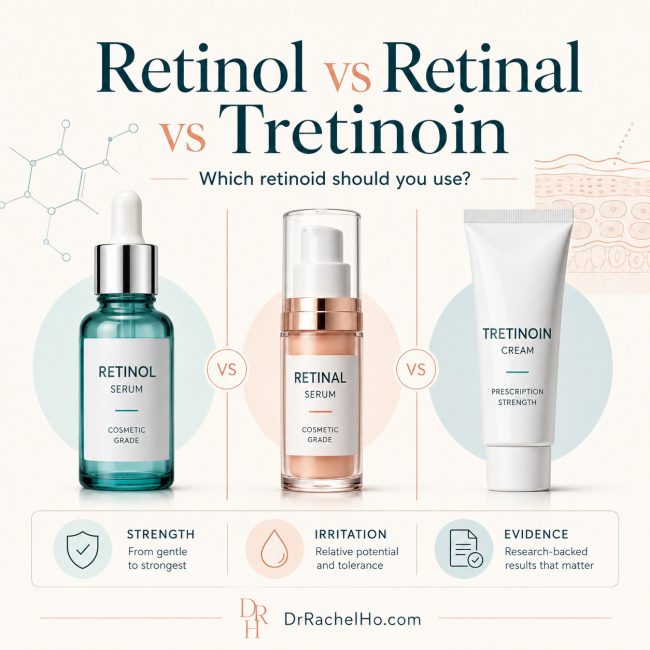 Retinol, retinal and prescription tretinoin skincare compared in Dr Rachel Ho’s Singapore retinoid guide.