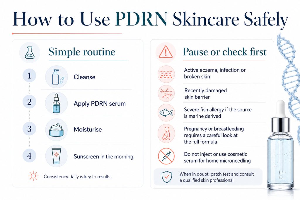 Safe PDRN skincare routine guide explaining how to use PDRN products, who should be cautious, and how to build a sensible routine around them.