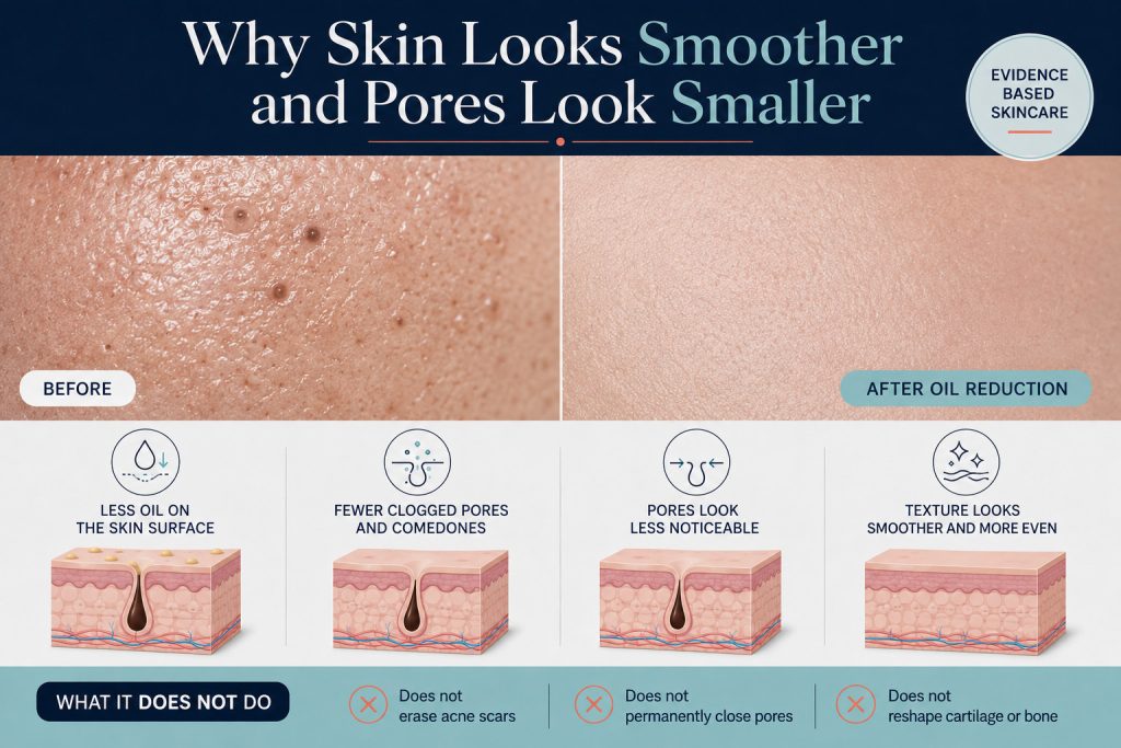 Illustration showing how lower sebum and fewer comedones make pores less noticeable and skin texture look smoother.