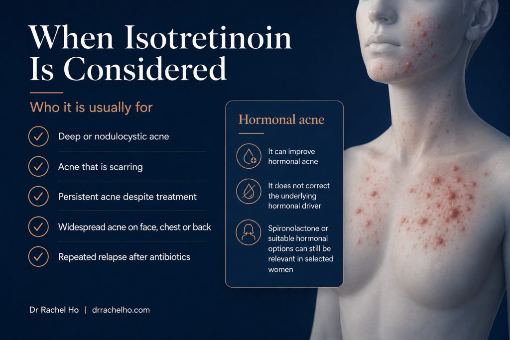 Guide to when isotretinoin is considered for nodulocystic, scarring, widespread, persistent or hormonal acne.