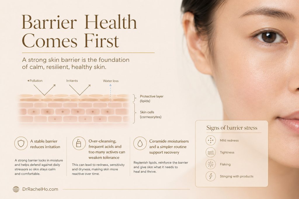Skin-barrier infographic showing protective lipids, skin cells, water loss and common signs of barrier stress on Asian skin.
