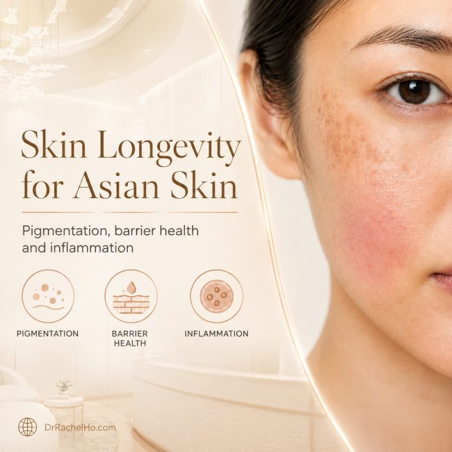 Skin longevity for Asian skin guide showing pigmentation, mild redness and barrier concerns on an Asian woman’s face.