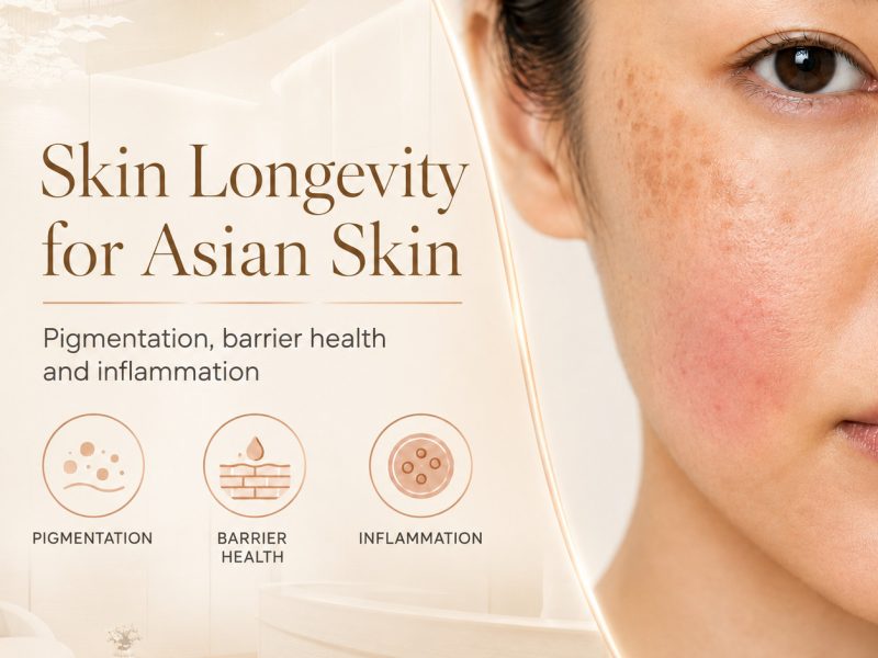 Skin longevity for Asian skin guide showing pigmentation, mild redness and barrier concerns on an Asian woman’s face.