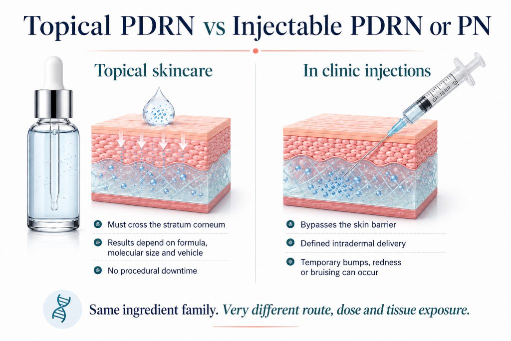 Educational comparison between topical PDRN skincare and injectable PDRN treatments, including differences in use, depth of delivery and expected results.