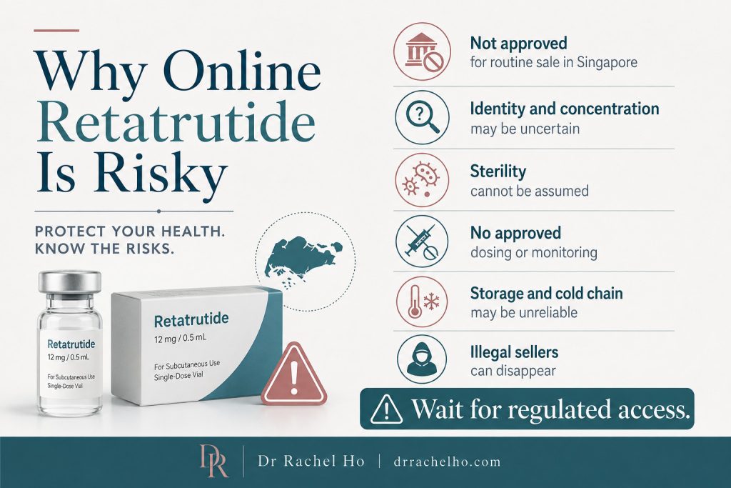 Singapore safety infographic explaining the risks of buying unapproved retatrutide online