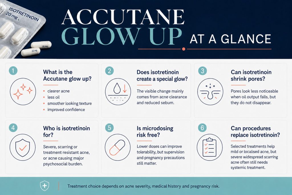 Medical fact check on the TikTok Accutane glow trend, covering acne clearance, pores, low-dose use and treatment alternatives.