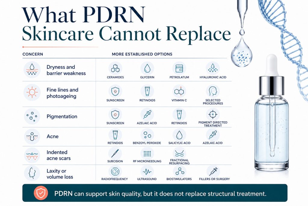 Graphic explaining what PDRN skincare cannot replace, including treatment categories such as injectables, devices and more intensive clinic based rejuvenation options.